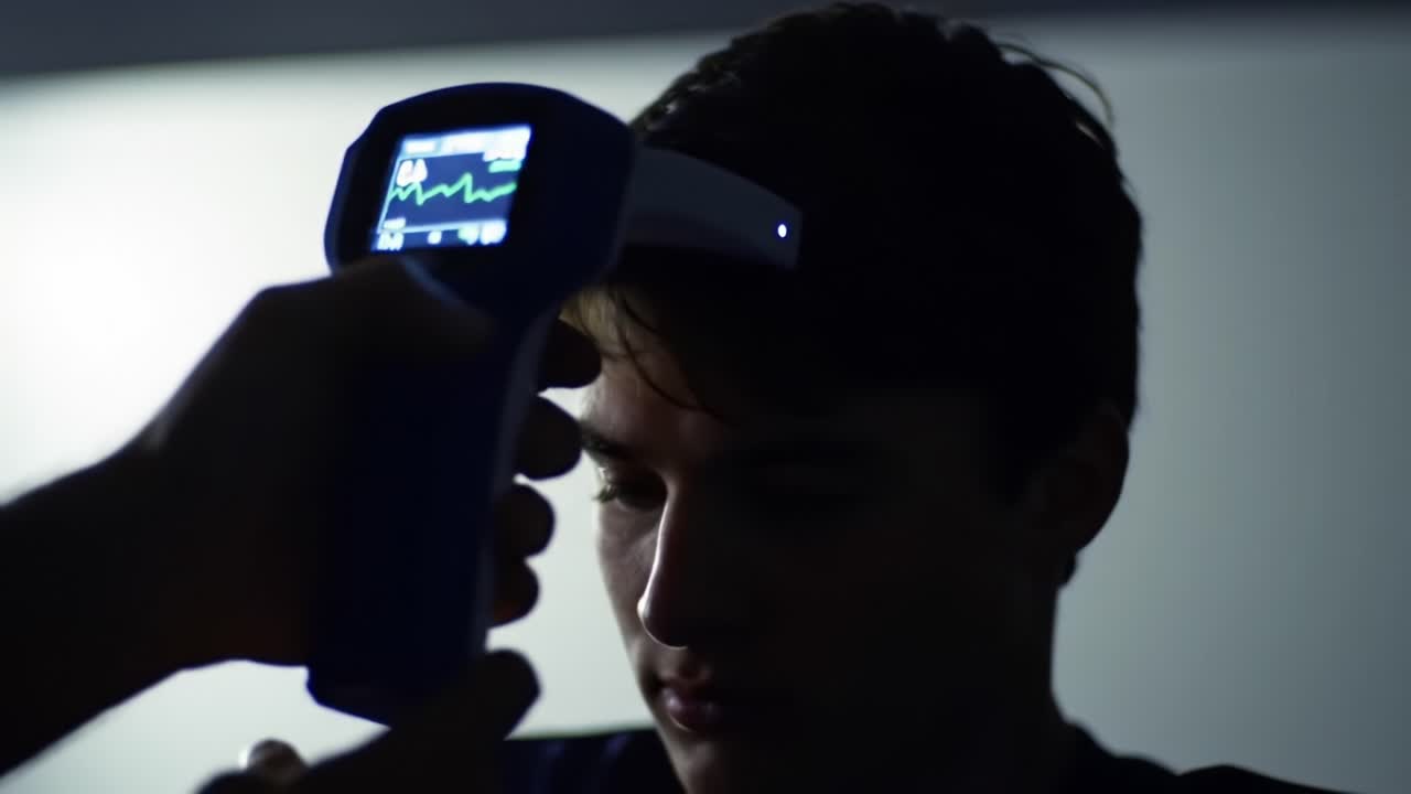 Monitoring Health: A Close-Up of a Person Undergoing a Non-Invasive Temperature Check with a Digital Thermometer in a Dimly Lit Environment