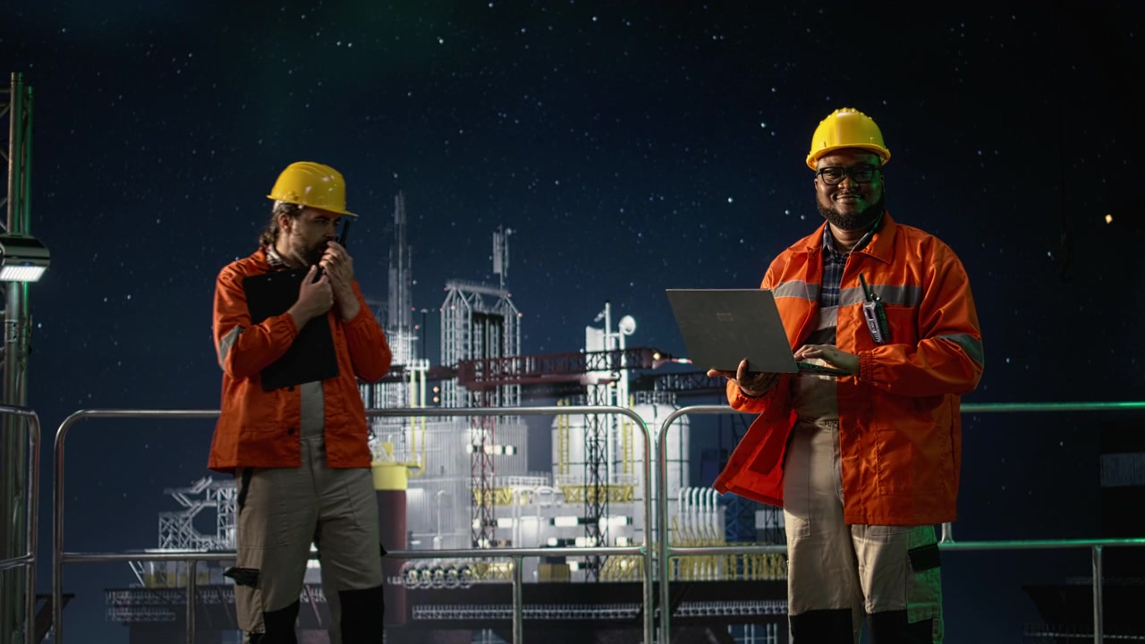 Analyzing oil crisis logistic, aurora borealis and smiling drilling barge expert