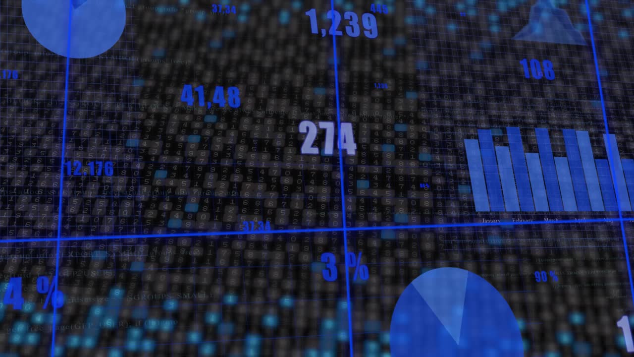 Analytics interface appearing on binary-code field updating bar area and pie charts showing trends