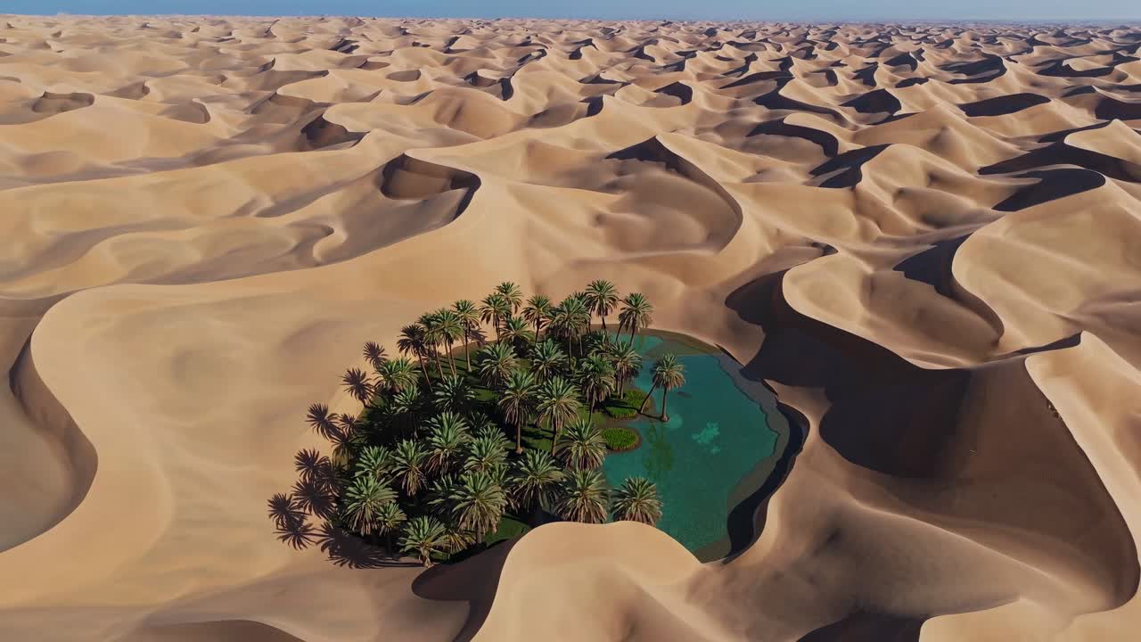Aerial view of a lush oasis surrounded by endless desert dunes, capturing the stark contrast