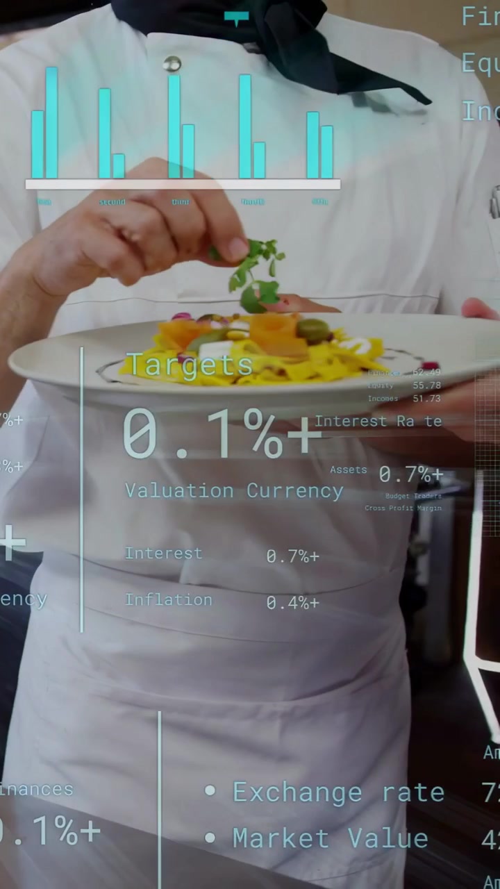 Vertical video: Chef plating dish sparking finance HUD while passing plate over stove for service