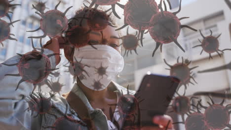 animación de células de macro coronavirus covid-19 que se propagan sobre una mujer que usa una máscara facial en la calle