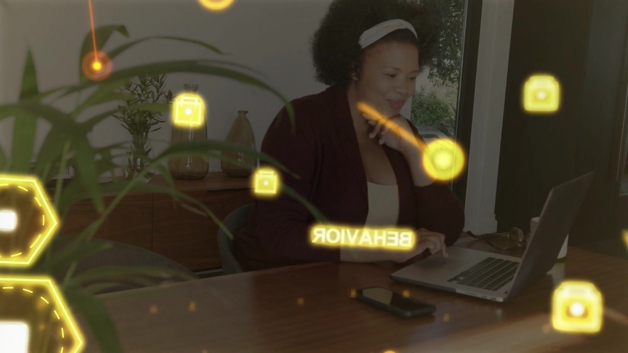 Woman in technology workspace shifting, typing on laptop and activating AR padlock icons