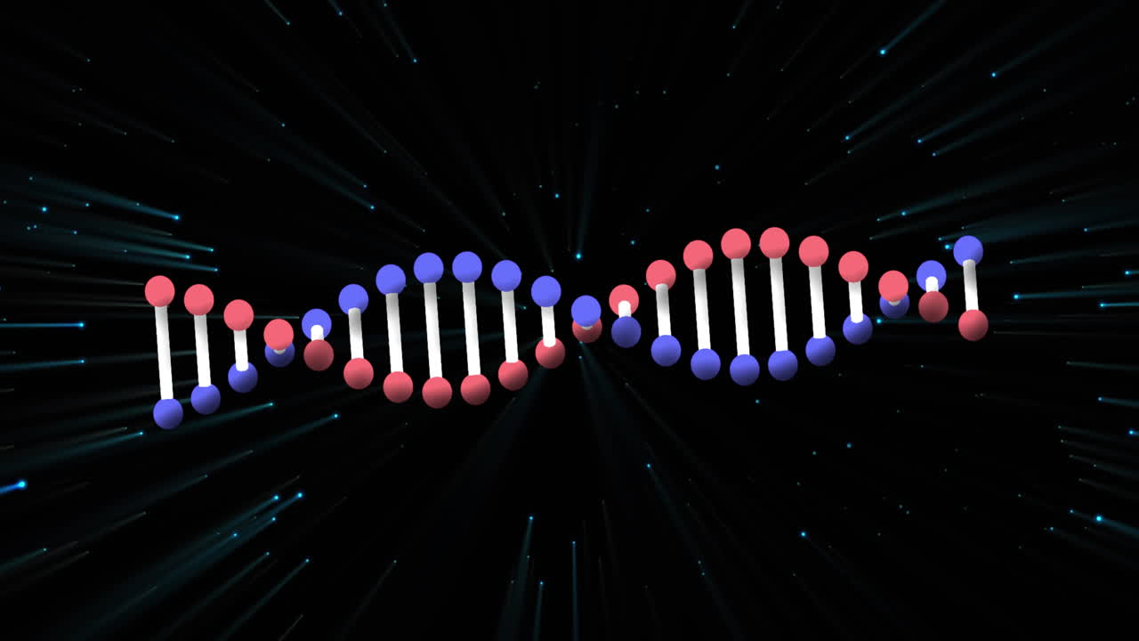 Animation of dna strand spinning over glowing blue particles in universe