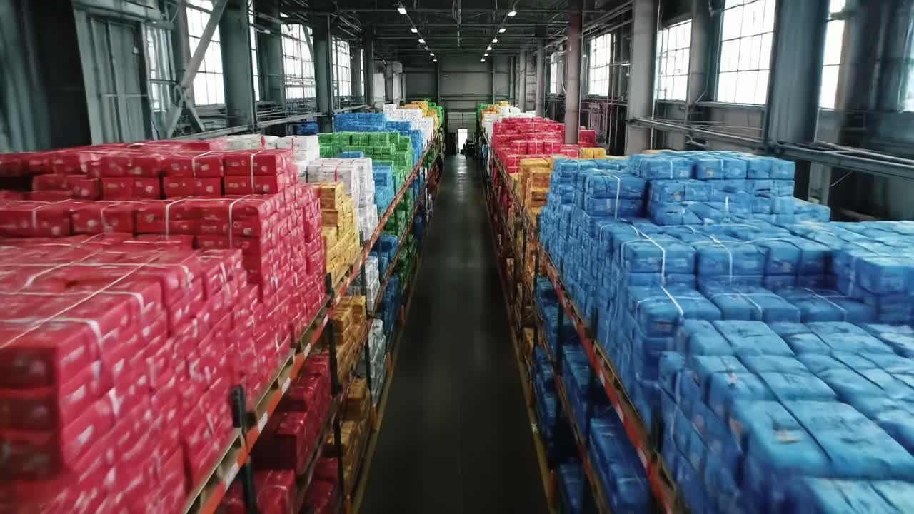 Vibrant Warehouse Stockpiles: Aerial Views of Colorful Palletized Goods Showcasing a Well-Organized Storage Space Filled with Diverse Packaged Items