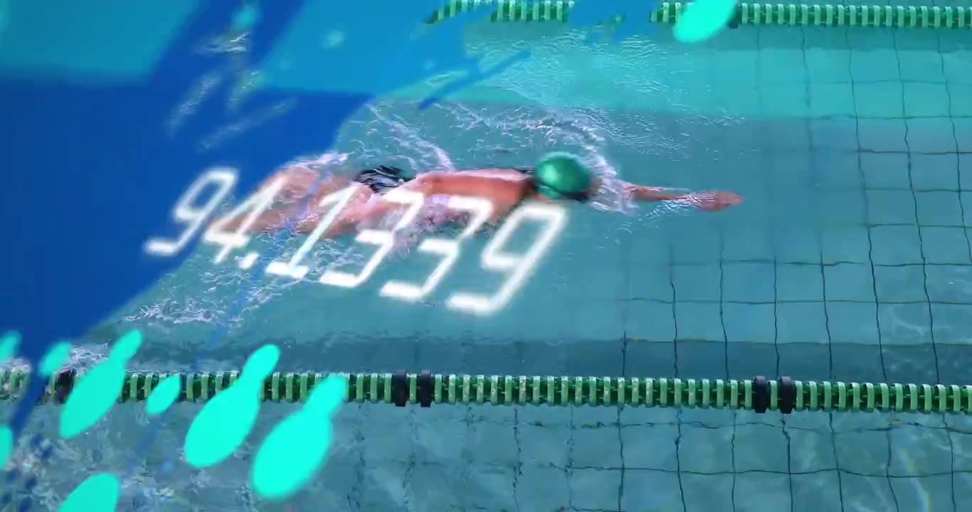 Eine Schwimmerin betritt die Bahn und beginnt mit dem Kraulschwimmen, während Timer und türkisfarbene Überlagerungen die Sportzeit verfolgen