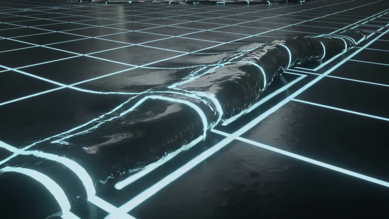 Camera pulling back, pulsing seams moving segmented tube across neon grid, trailing vapor