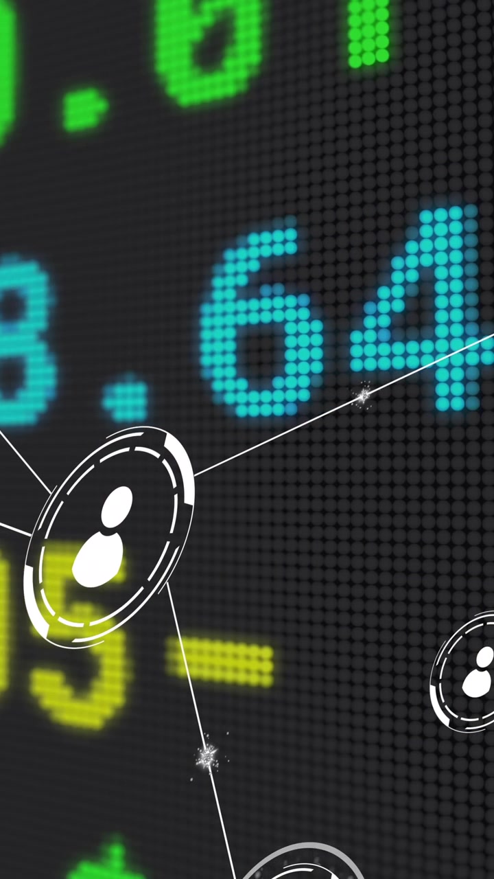 Animation of network of conncetions with icons over stock market