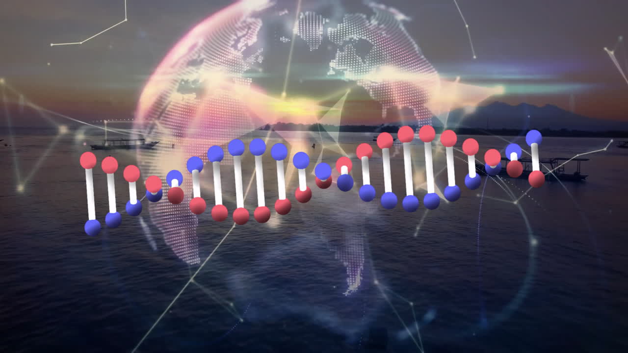 DNA strand and digital globe animation over ocean landscape at sunset