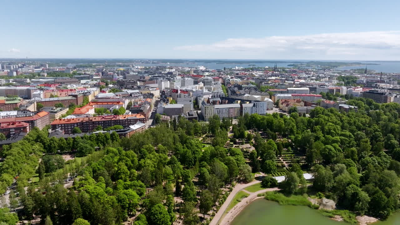 Aerial view of the Hietaniemi, Toolo and Kamppi districts of Helsinki, sunny day