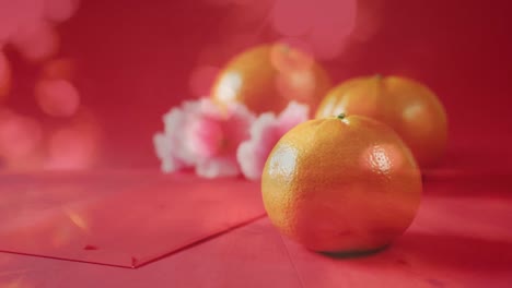 animation of oranges and blossom over chinese traditional decorations on red background