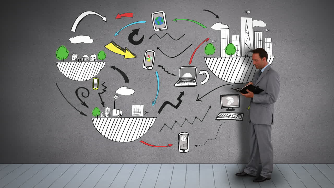 Businessman with diary watching animated global influence illustration