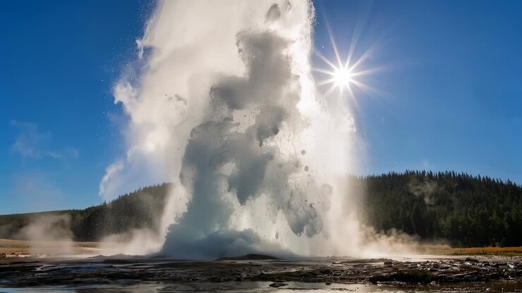 Bocca di geyser in eruzione che rilascia pressione, spruzzando un pennacchio nel bacino geotermico, stella solare