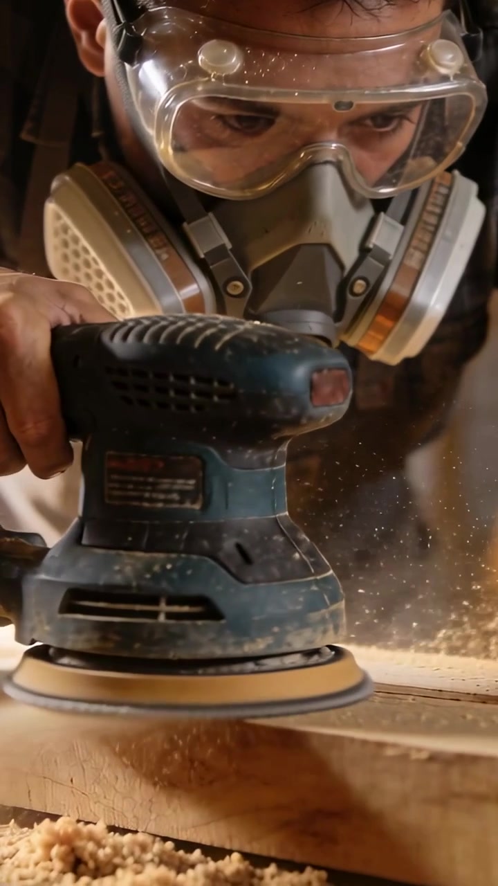 Vertical video: Starting sander, man sanding plank at shop, wearing mask, preparing for finish