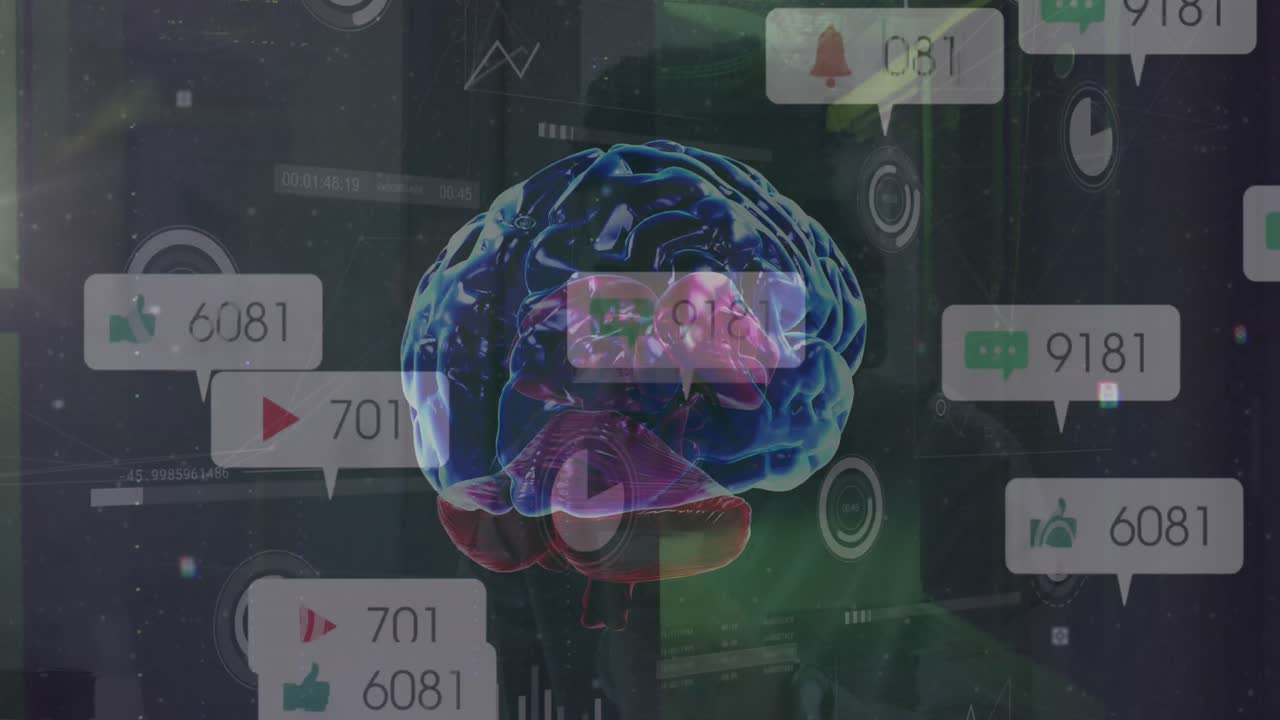 animación de iconos de redes sociales sobre el icono del cerebro humano giratorio contra la sala del servidor de la computadora