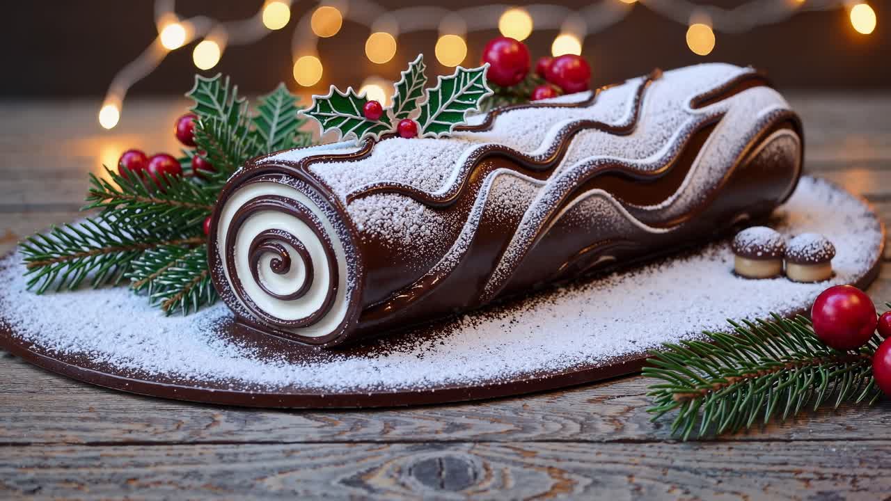 Festive yule log cake on a wooden table, captured at eye level