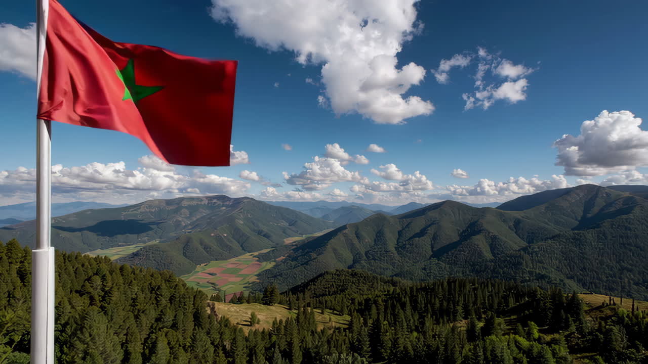 Marokkansk flagg og utsikt over fjell og dal