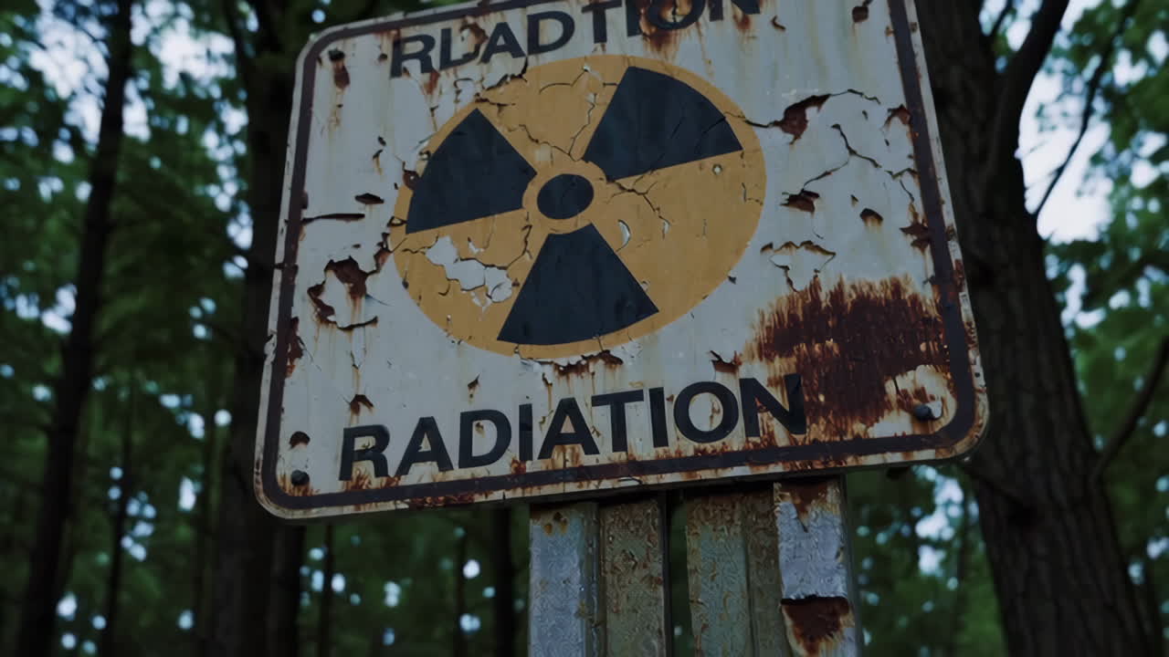 숲 속 의 방사선 경고 표지판