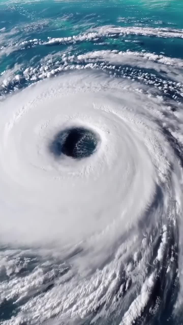 Luftvideo af en hvirvlende orkan over havet, der viser dens kraftfulde spiralformation