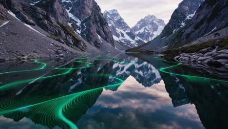 emerald light trails on a mountain lake