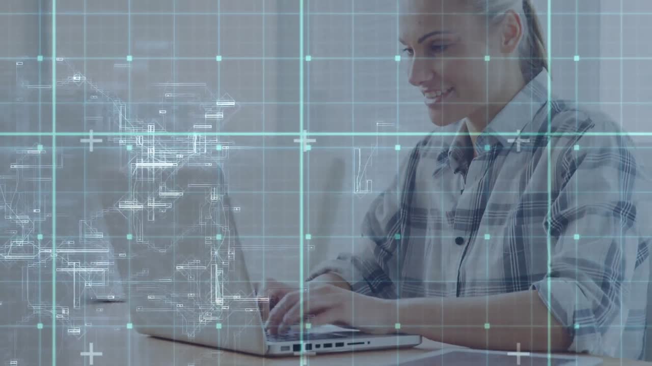 animación del procesamiento de datos sobre una mujer usando una computadora portátil