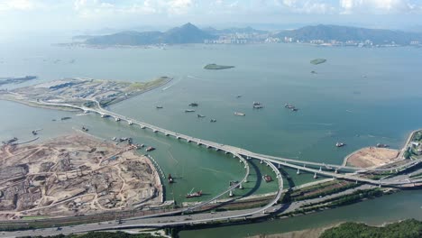Hong-Kong-Grenzübergangsanlagen-Und-Führendes-Brücken--Und-Straßensystem-Im-Bau,-Luftaufnahme