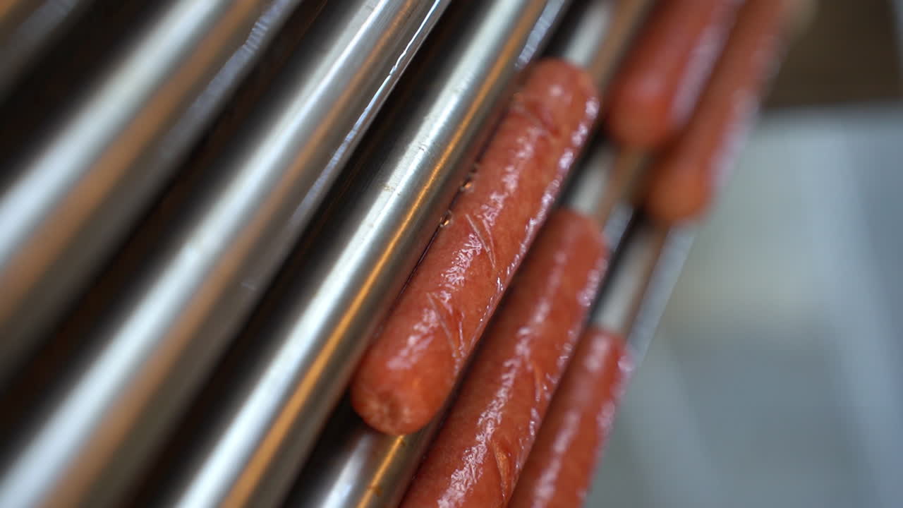 Prise de vue verticale de saucisses cuites dans une machine à rouleaux