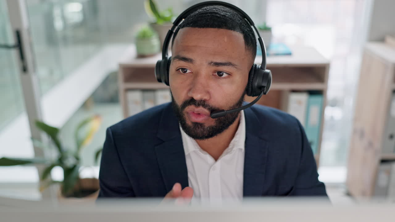 Call center, employee and man with telemarketing