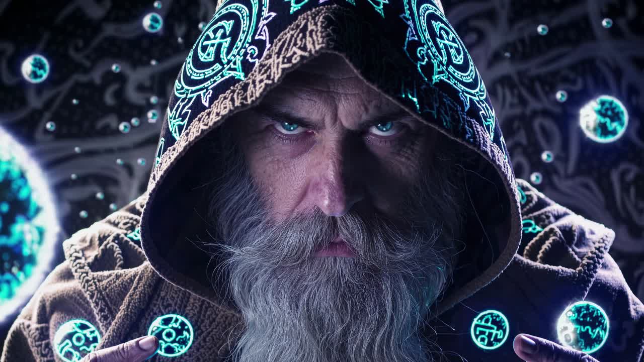 Portrait of a powerful sorcerer summoning mystic arcane energy, adorned with glowing runes on his hood and hands, while controlling floating magical spheres against a dark background