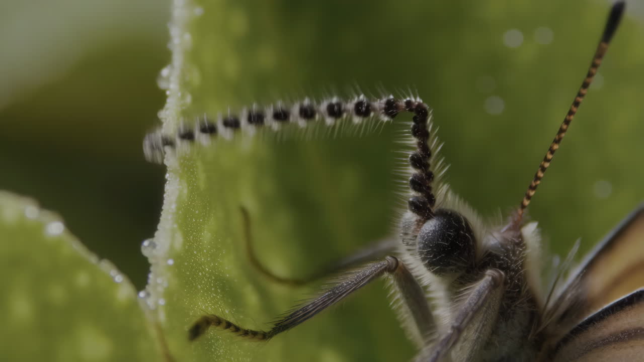 Macro Shot of an Insect Antenna on a Dew-Covered Leaf