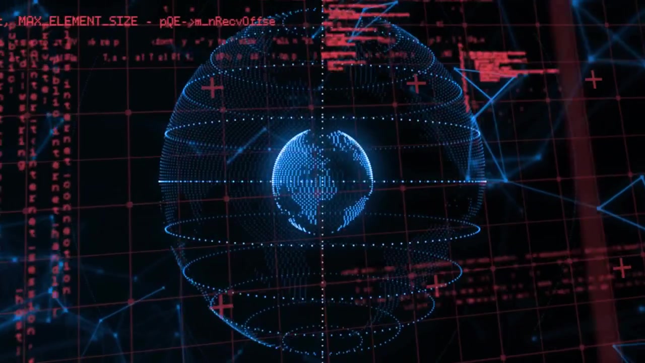 Central blue matrix globe glowing in red grid overlay, floating code fragments and network lines