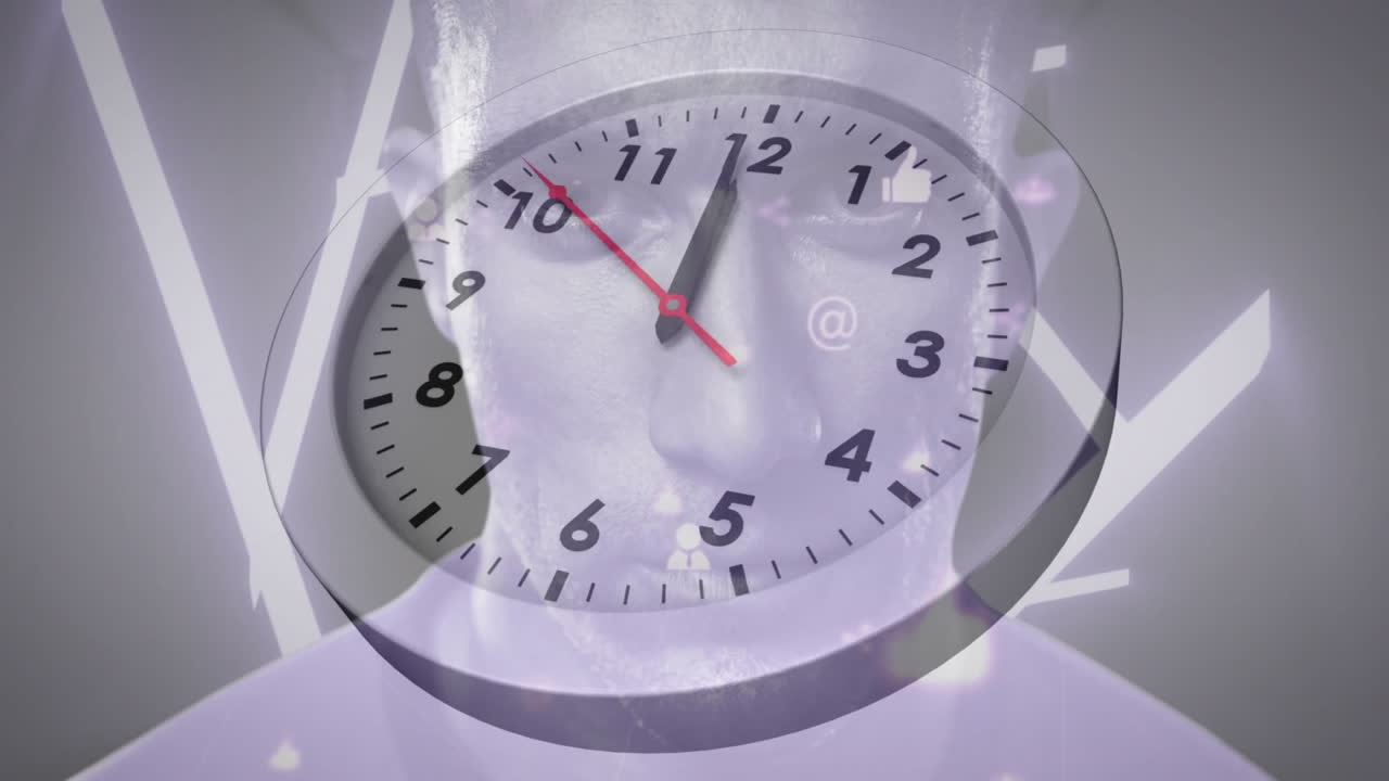 Animation of clock face overlaying abstract human face, blending time and identity