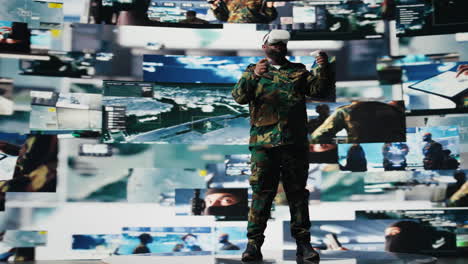 African american soldier working with virtual reality headset in control center