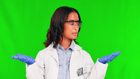 Green-screen,-choice-and-face-of-woman-scientist