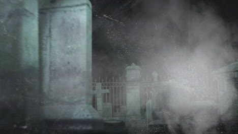 animación de fallo y humo sobre el cementerio por la noche