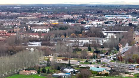 Aerial-drone-clip-of-Salamanca-city,-Spain