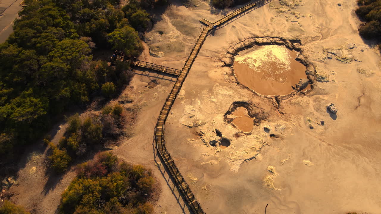 Sulfur Point Mud pools and Rotorua sulfur lake in New Zealand – drone aerial view