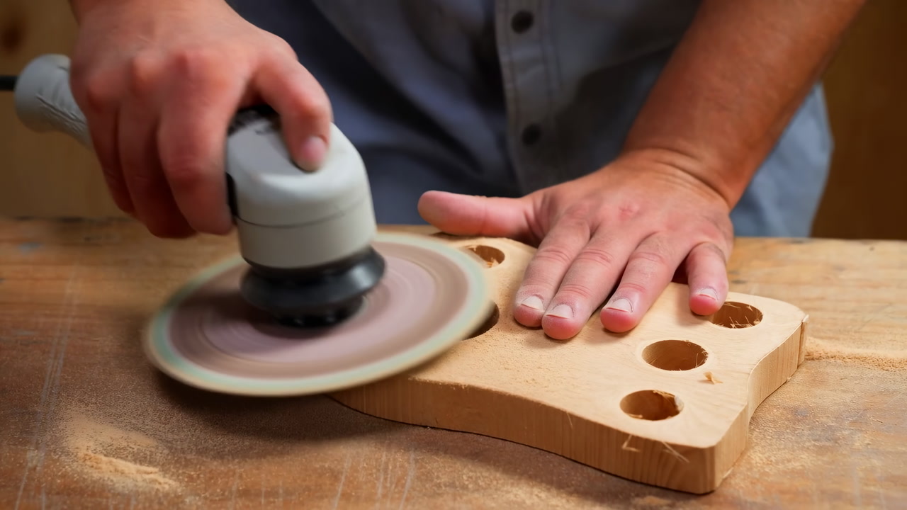 Male Woodworker Sanding Wooden Board With Sander, Closeup Hands Smoothing Surface, Fine Dust Cloud, Circular