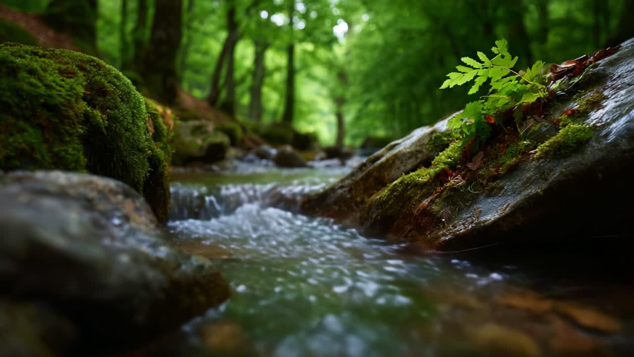 Serene Forest Stream: A Captivating View of Flowing Water Amidst Lush Greenery and Mossy Rocks, Highlighting the Beauty of Nature's Tranquility and Vitality