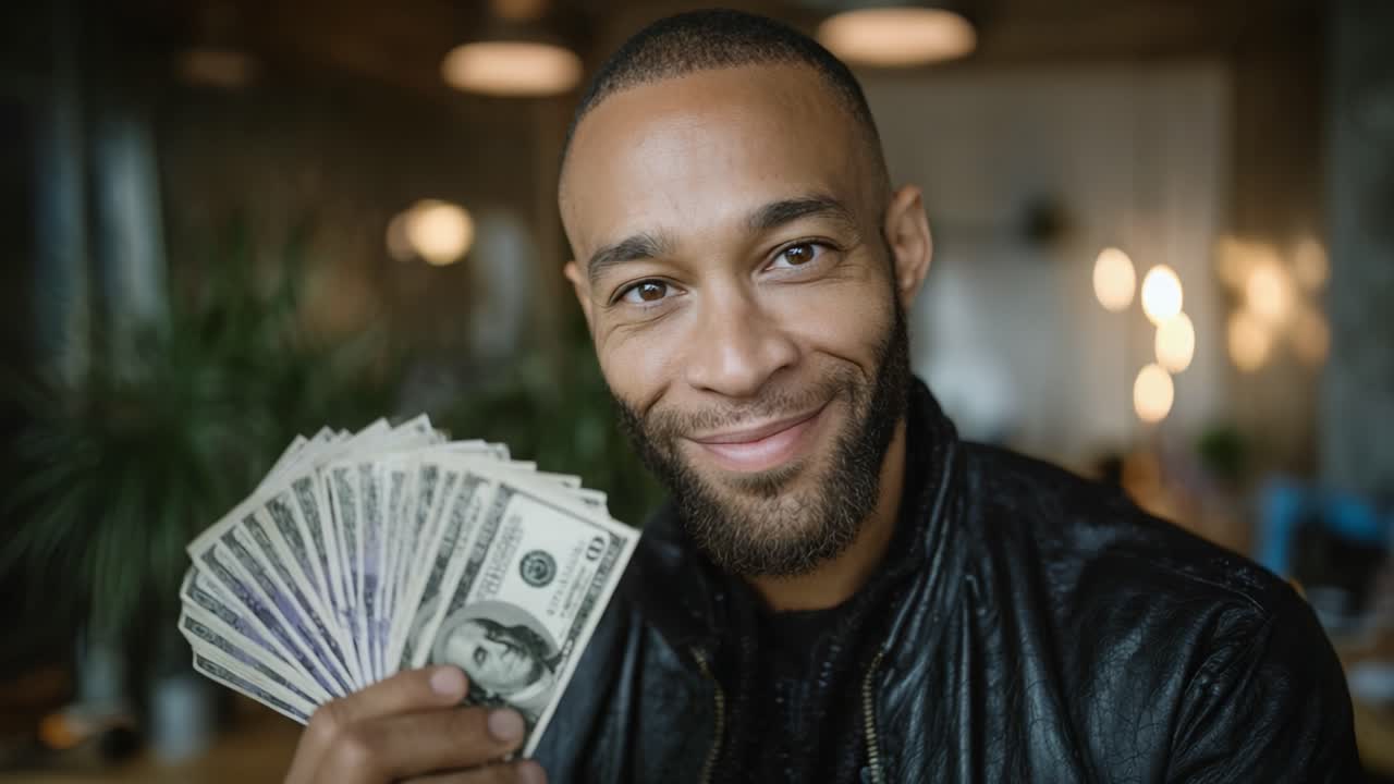 Um homem confiante exibindo orgulhosamente um punhado de dinheiro com um sorriso radiante, demonstrando felicidade e sucesso financeiro em um ambiente urbano estiloso