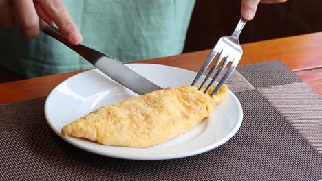 person cutting an omelet on a plate