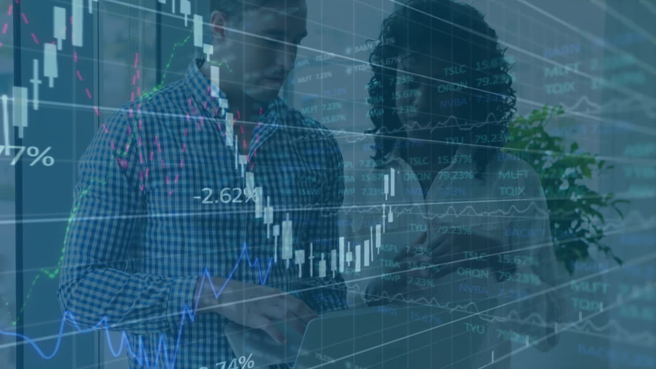 Financial data charts and graphs animation over business people analyzing information