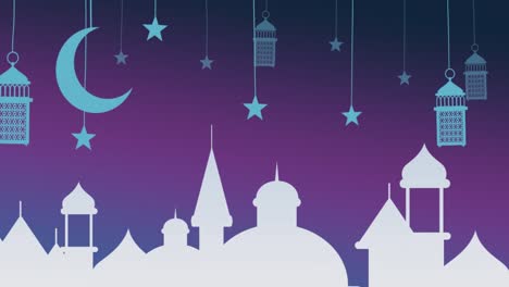 Animation-of-white-arabic-style-rooftops-with-hanging-blue-moon,-lamp-and-star-symbols-on-purple