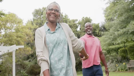feliz pareja afroamericana de alto nivel cogida de las manos y caminando en el jardín, cámara lenta