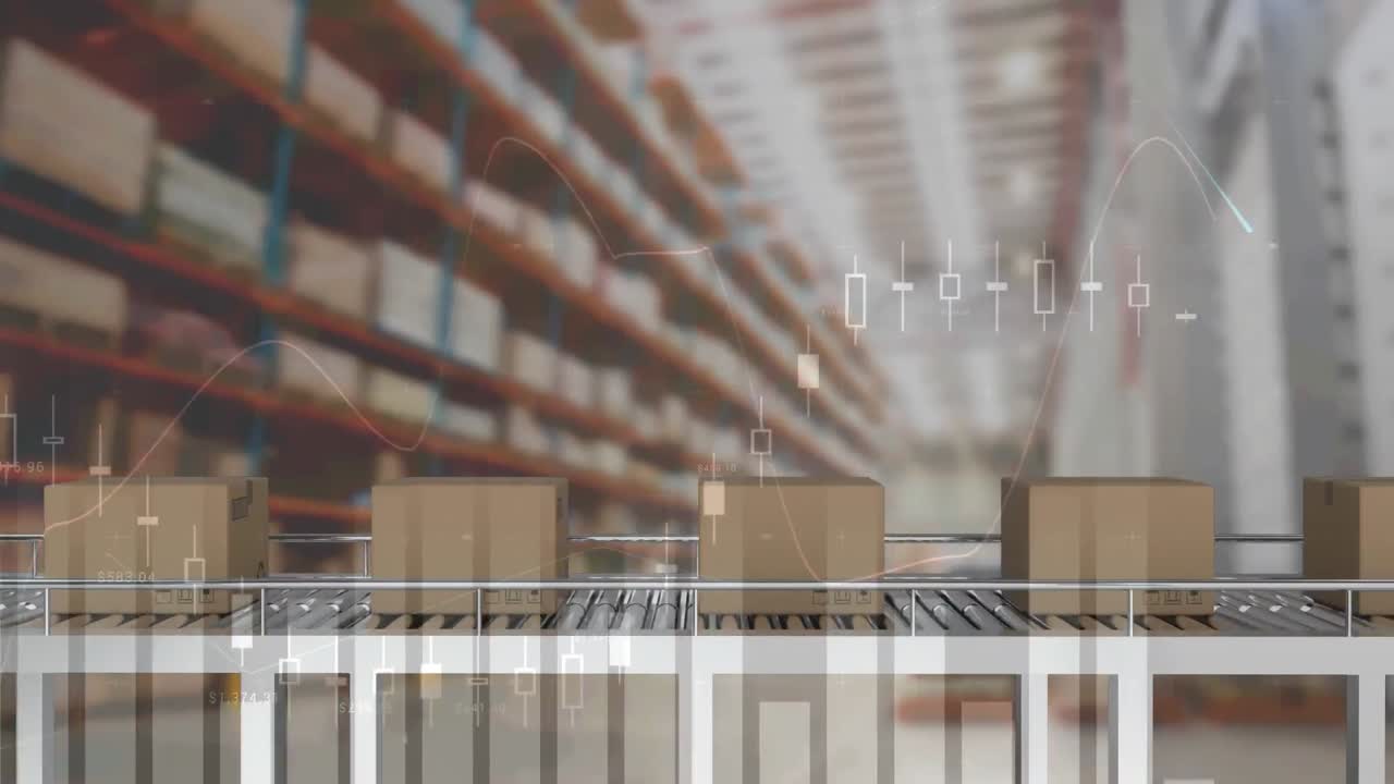 컨베이어 벨트에 있는 카드보드 상자 위에서 금융 데이터 처리의 애니메이션