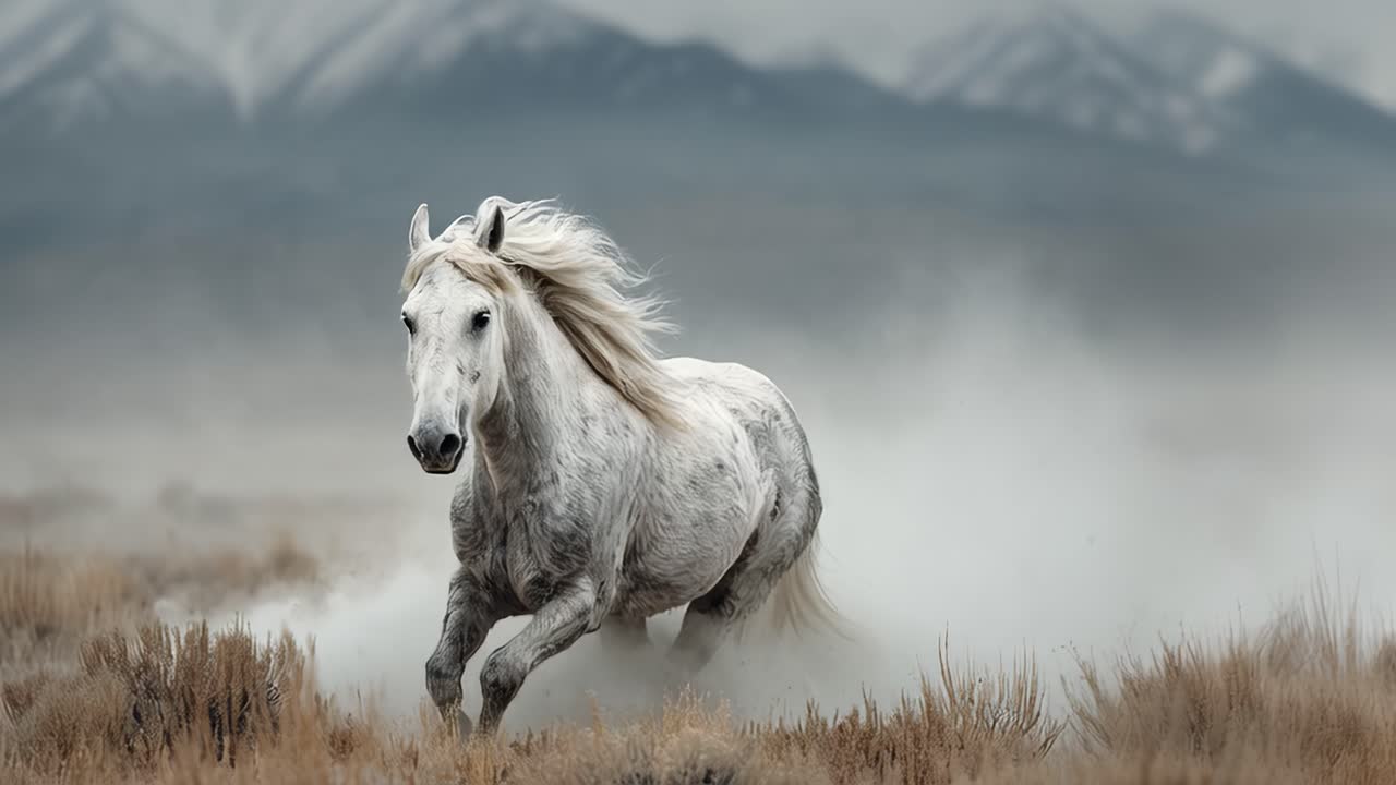 White horse running in a field with mountains in the background