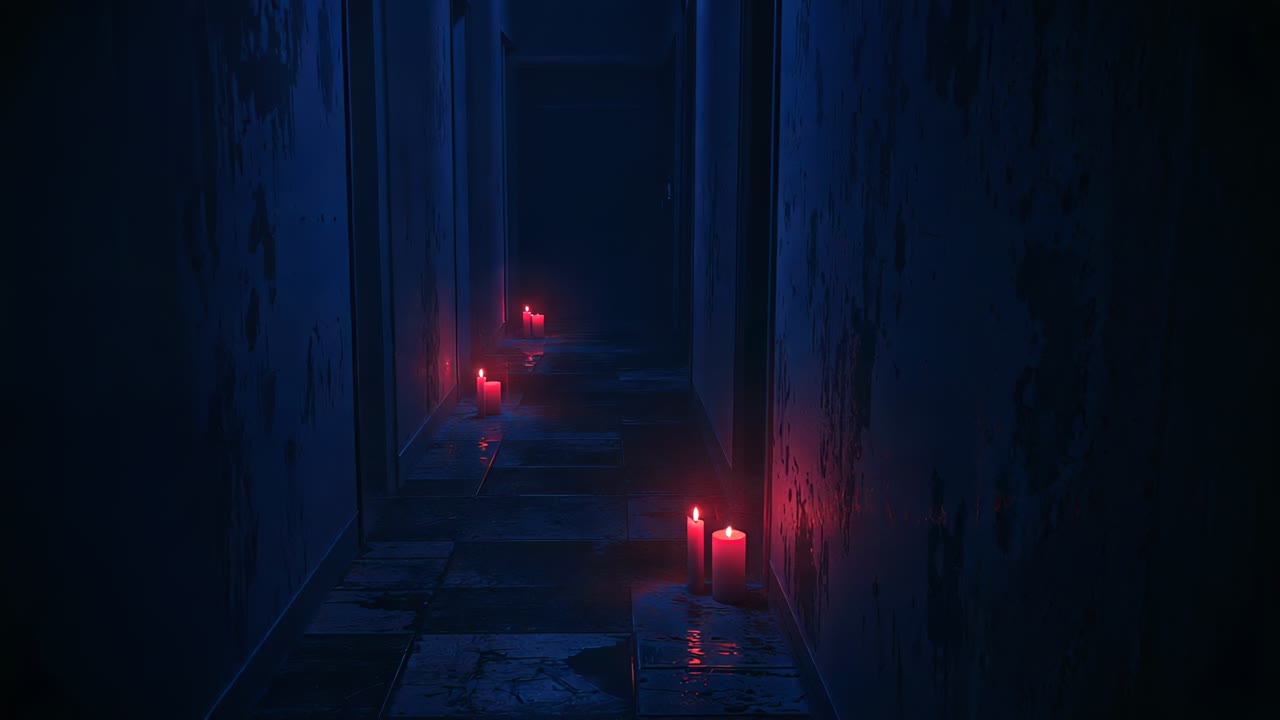 Moving camera pushing forward along narrow corridor, revealing red candles and wet tile reflections