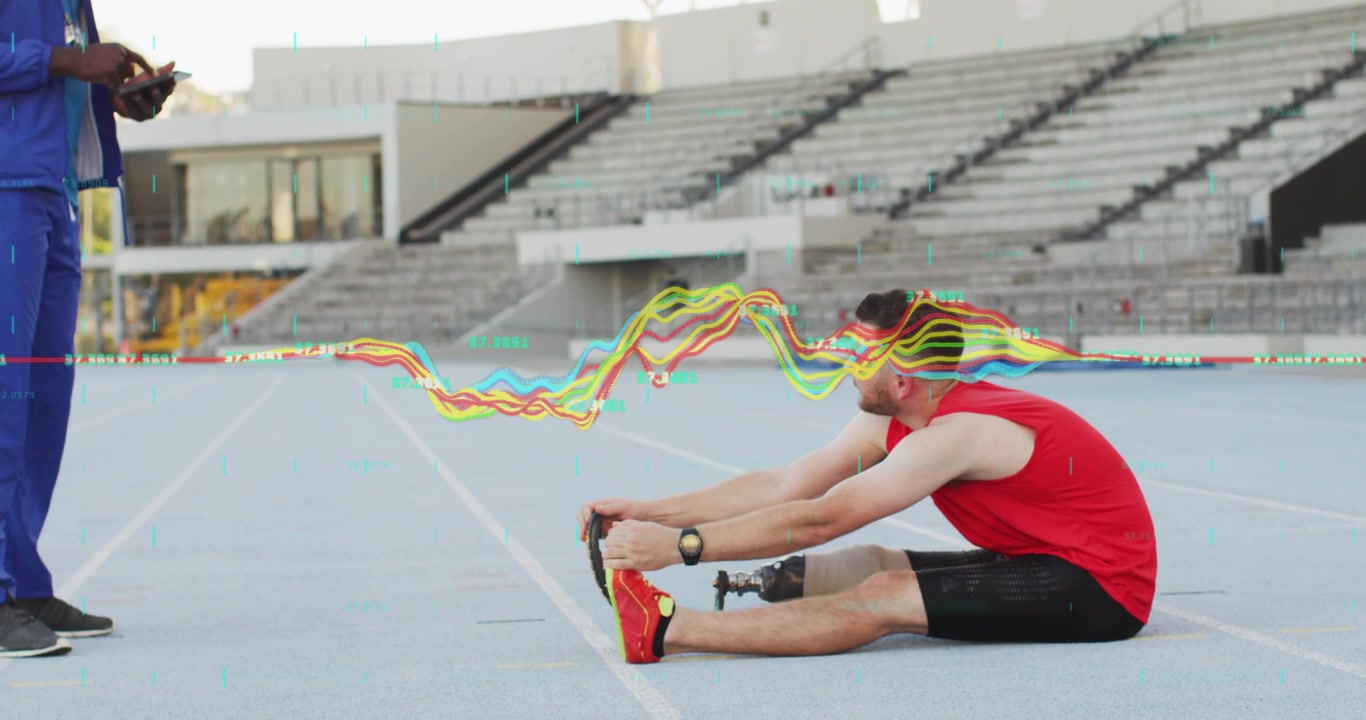 Stretching bladed athlete in red top on track warming, while coach coming left with phone data