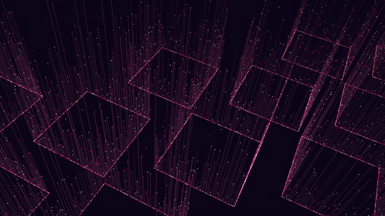 Latar belakang teknologi abstrak dengan aliran partikel magenta neon dan kotak wireframe mengambang, menyiratkan jaringan digital, big data, AI, dan gerakan siber