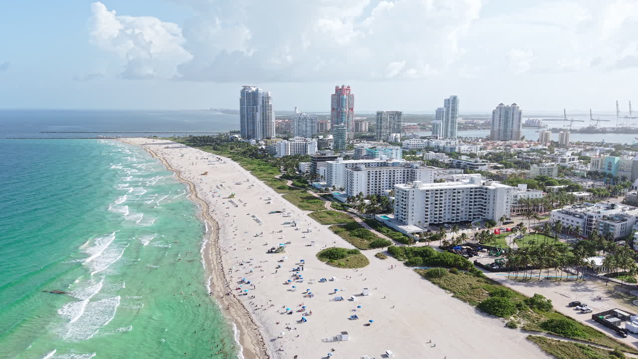 Aerial View of South Beach, Miami, Florida USA. Beachfront Buildings and Turquoise Ocean Water